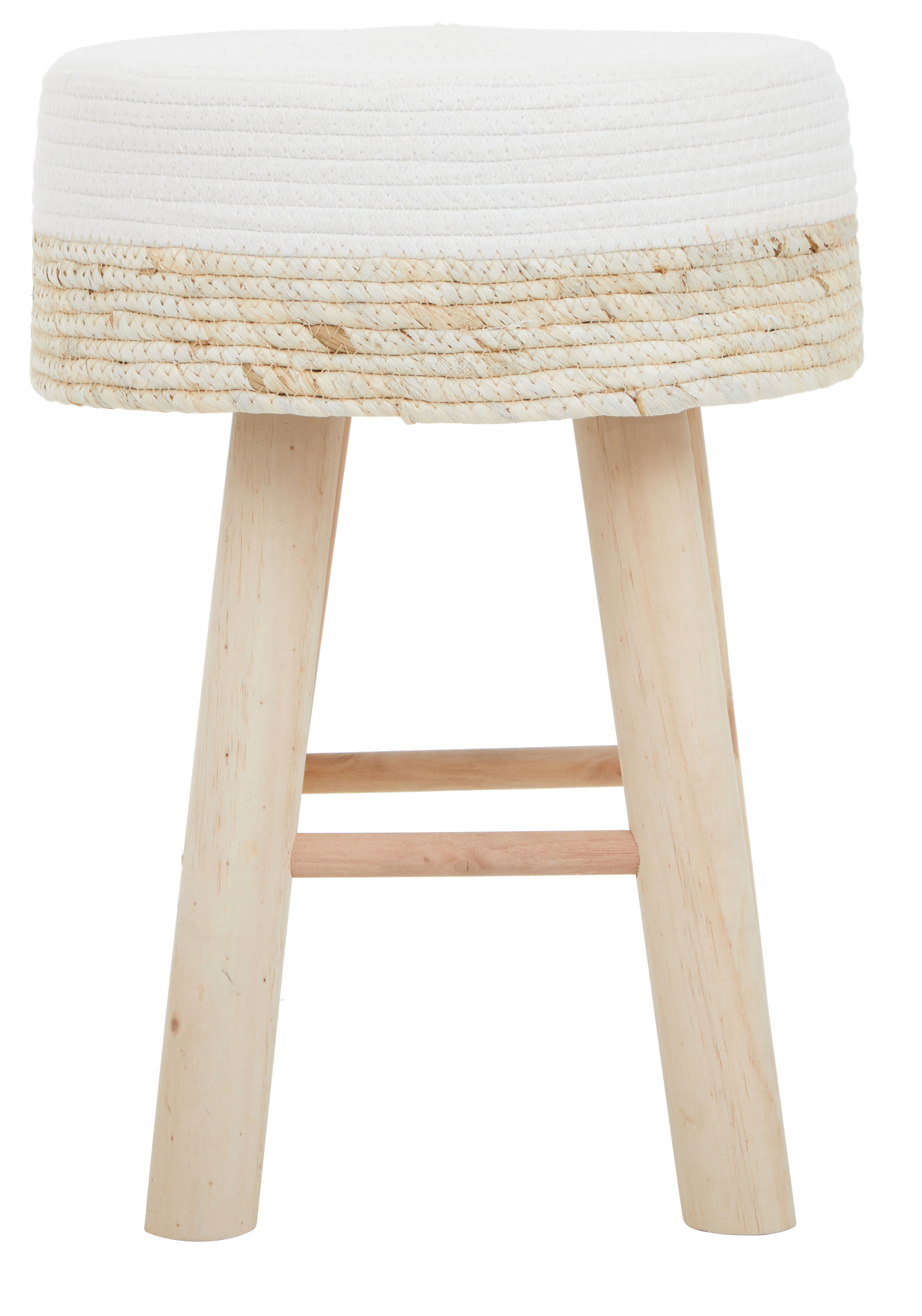 Brigitte Natural Wood & Handwoven White Low Stool